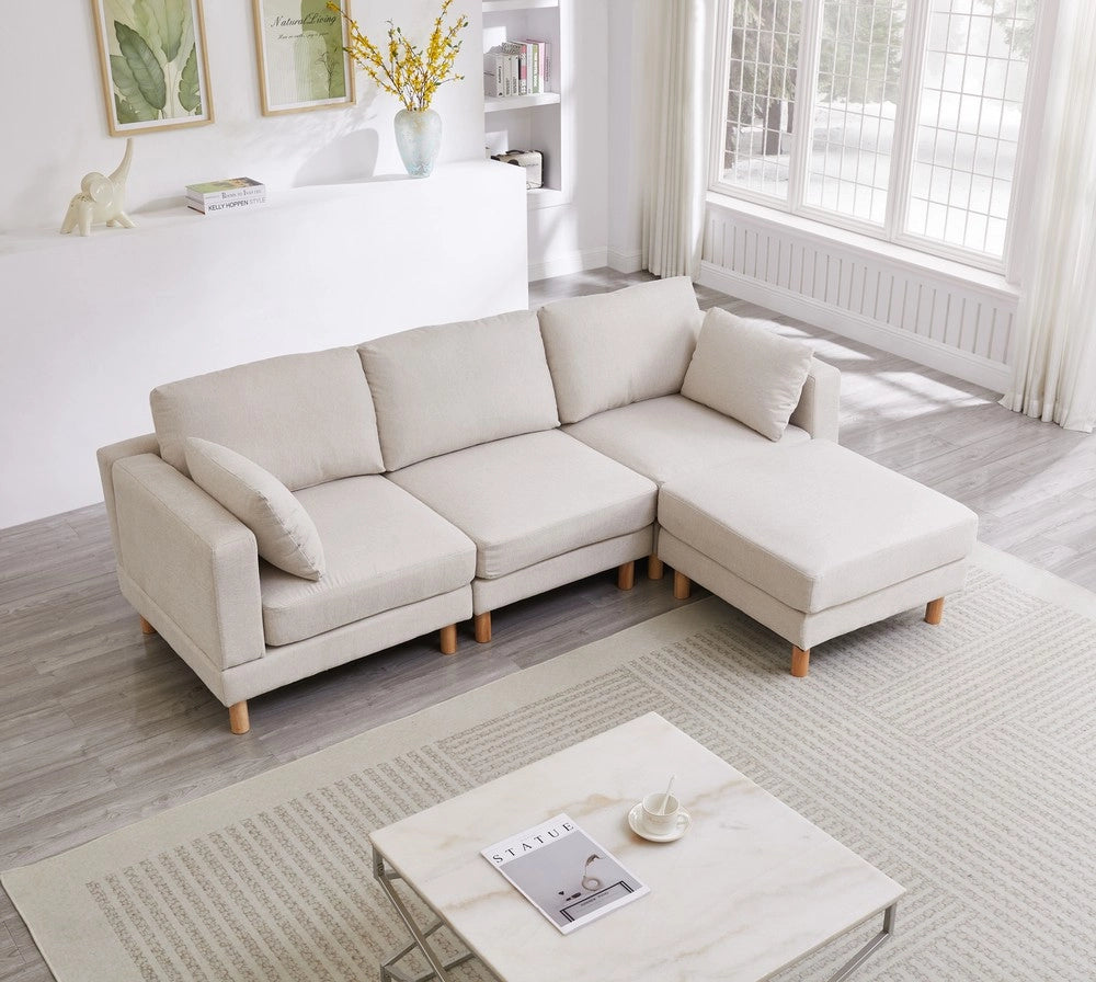 Divano Angolare 3 Posti con Poggiapiedi ¨C Xylo ¨C Beige, Tessuto Poliestere, Gambe in Legno Massello, 235x152x78 cm