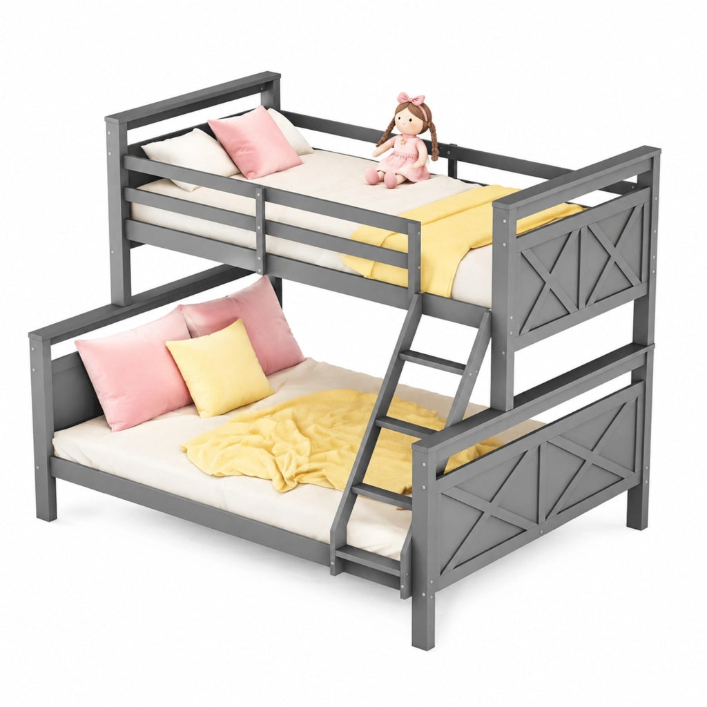 Letto a Castello 90x200 cm e 140x200 cm; 2 Posti - con Scala e Sponde - in Legno - Grigio