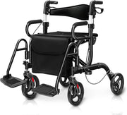 Deambulatore 2 in 1 per Anziani in Alluminio, Rollator Pieghevole e Regolabile in Altezza con Sedia, Schienale Reversibile, Manici Regolabili, Ruote, Poggiapiedi e Borsa Rimovibile (Nero)