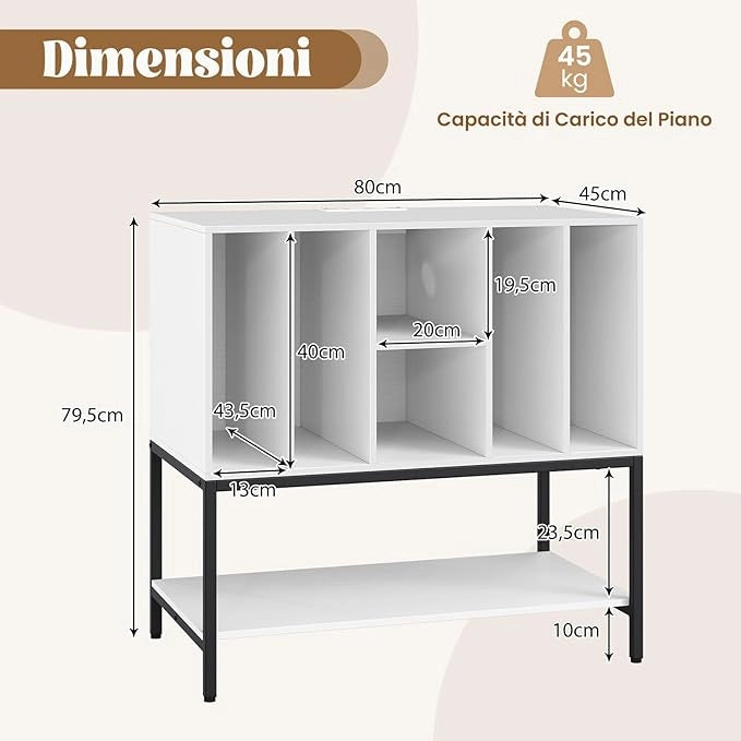 Supporto per Giradischi con Stazione di Ricarica, Credenza per Giradischi con Spazio per Album, Tavolino Porta-Vinili con Scaffali per CD per Soggiorno e Sala Musica (Bianco)