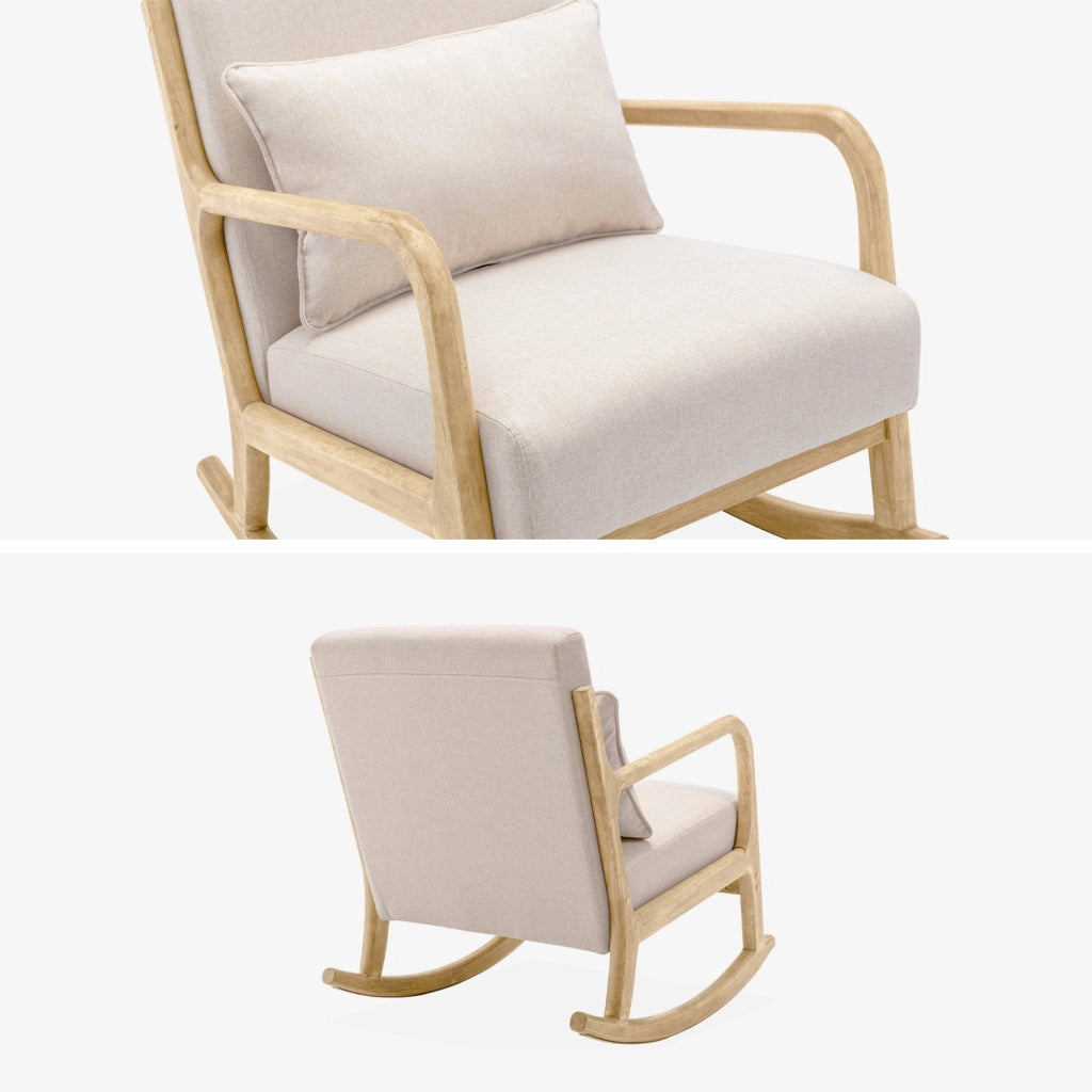 Poltrona scandinava a dondolo in legno e tessuto con braccioli, beige