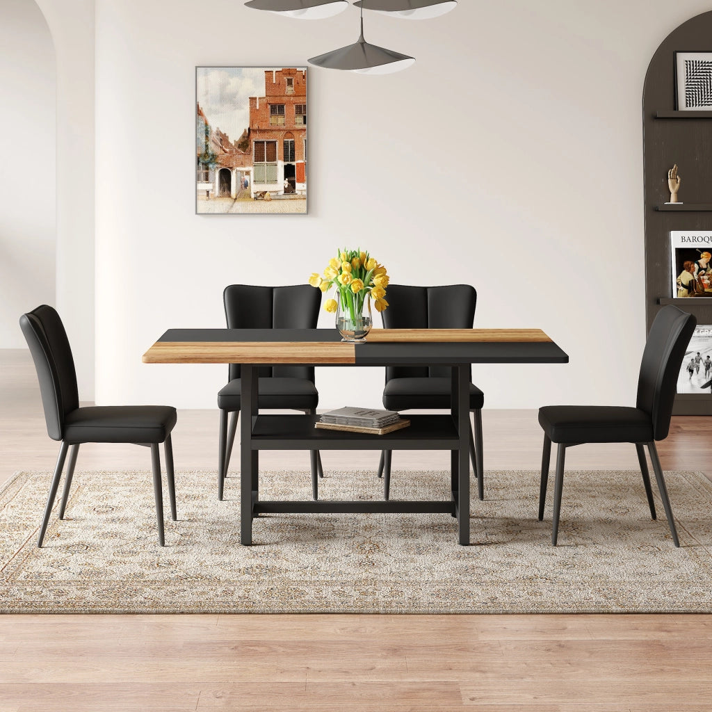 Tavolo da pranzo rettangolare con vano portaoggetti e 4 sedie in pu nere, per soggiorno sala da pranzo cucina, marrone nero, 160 cm