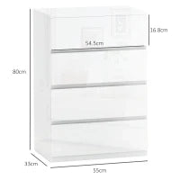 Cassettiera Moderna 4 Cassetti Antiribaltamento in Legno, 55x33x80 cm, Bianco Lucido