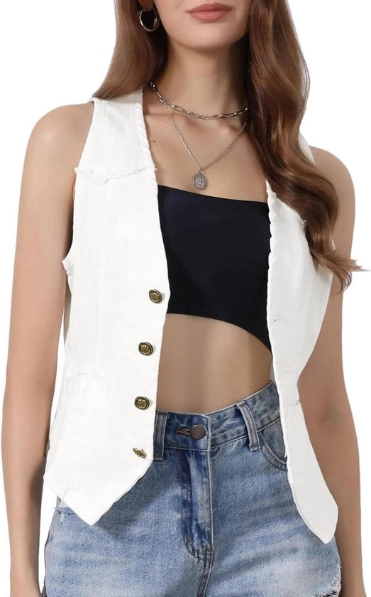 Vestino da donna in cotone con V-hals e maniche a sbuffo, taglia XS, stile casual