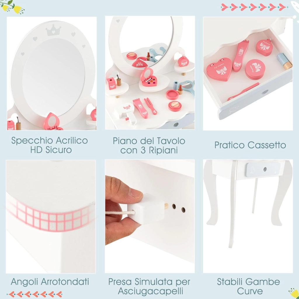 Toeletta Trucco 2 in 1 per Bambina, Specchiera Staccabile per Ragazza in Legno con Sgabello, Cassetto, Ripiani e Giocattoli, Postazione Trucco per 3 Anni, 50 x 34 x 93 cm, Bianco（Modello 1）