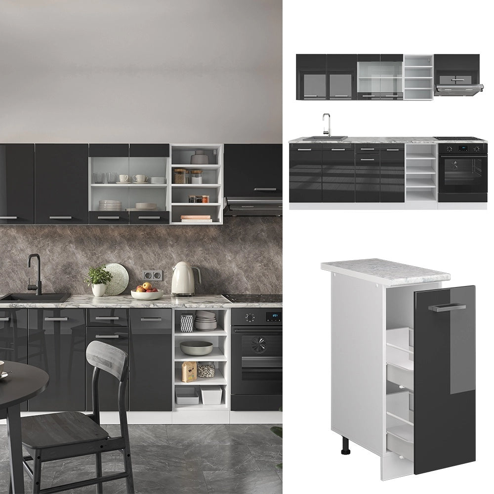 Cucina componibile R-Line Antracite lucido/Bianco 240 cm senza piano di lavoro Vicco