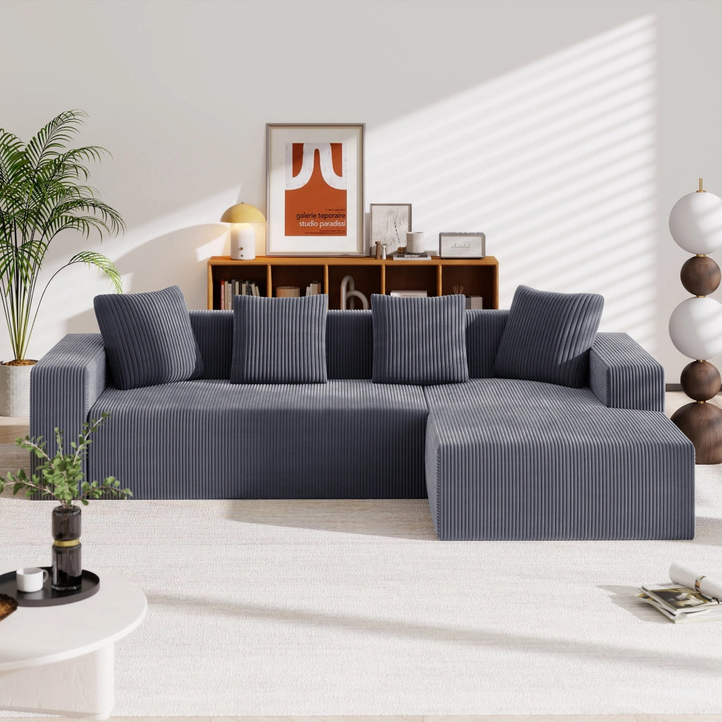 Divano modulare ad angolo con chaise longue, seduta profonda e 4 cuscini, in velluto a coste, Grigio