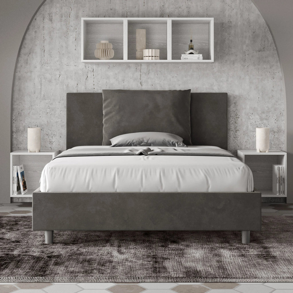 BS COM Letto una piazza e mezza con rete imbottito 130x210 microfibra grigio