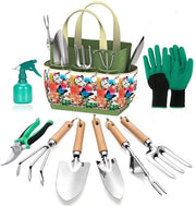 Set di attrezzi per giardinaggio da 9 pezzi - Set completo di attrezzi per giardinaggio robusti con borsa in stile - Set di giardinaggio sostenibile per donne