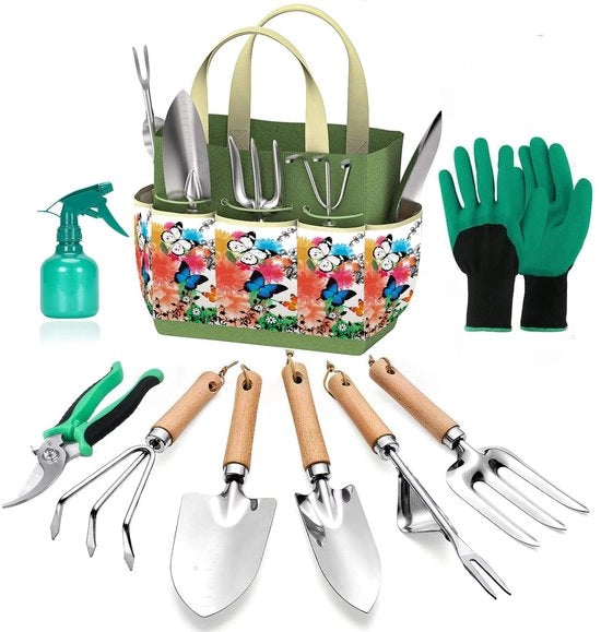 Set di attrezzi per giardinaggio da 9 pezzi - Set completo di attrezzi per giardinaggio robusti con borsa in stile - Set di giardinaggio sostenibile per donne