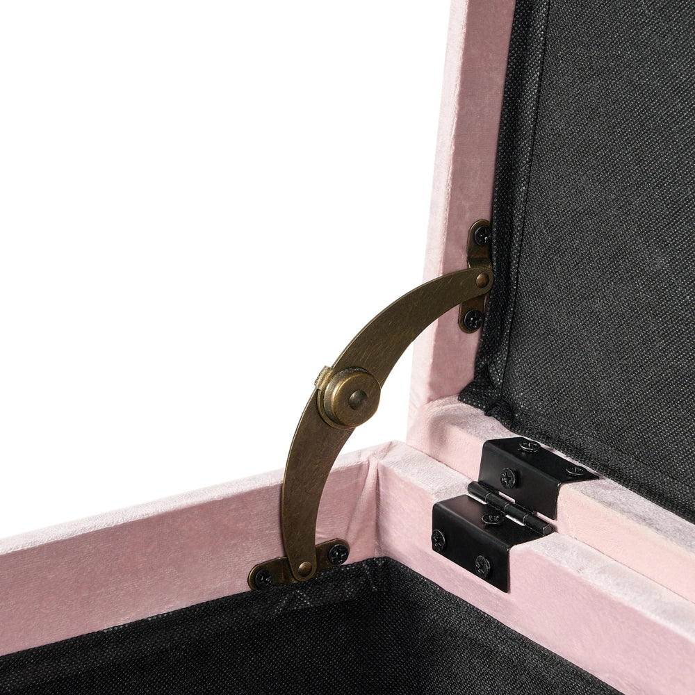 Pouf contenitore in velluto rosa pastello poggiapiedi classico con rivestimento a testa di chiodo trapuntato