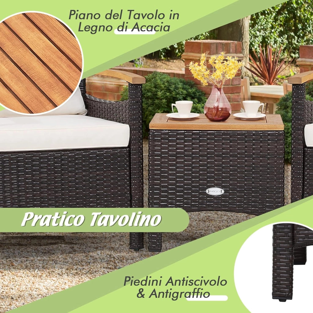 Set di 3 Pezzi di Mobili da Patio, 1 Tavolino e 2 Sedie, con Cuscino Rimovibile, Set di Divani in Rattan per Cortile Piscina Balcone e Patio