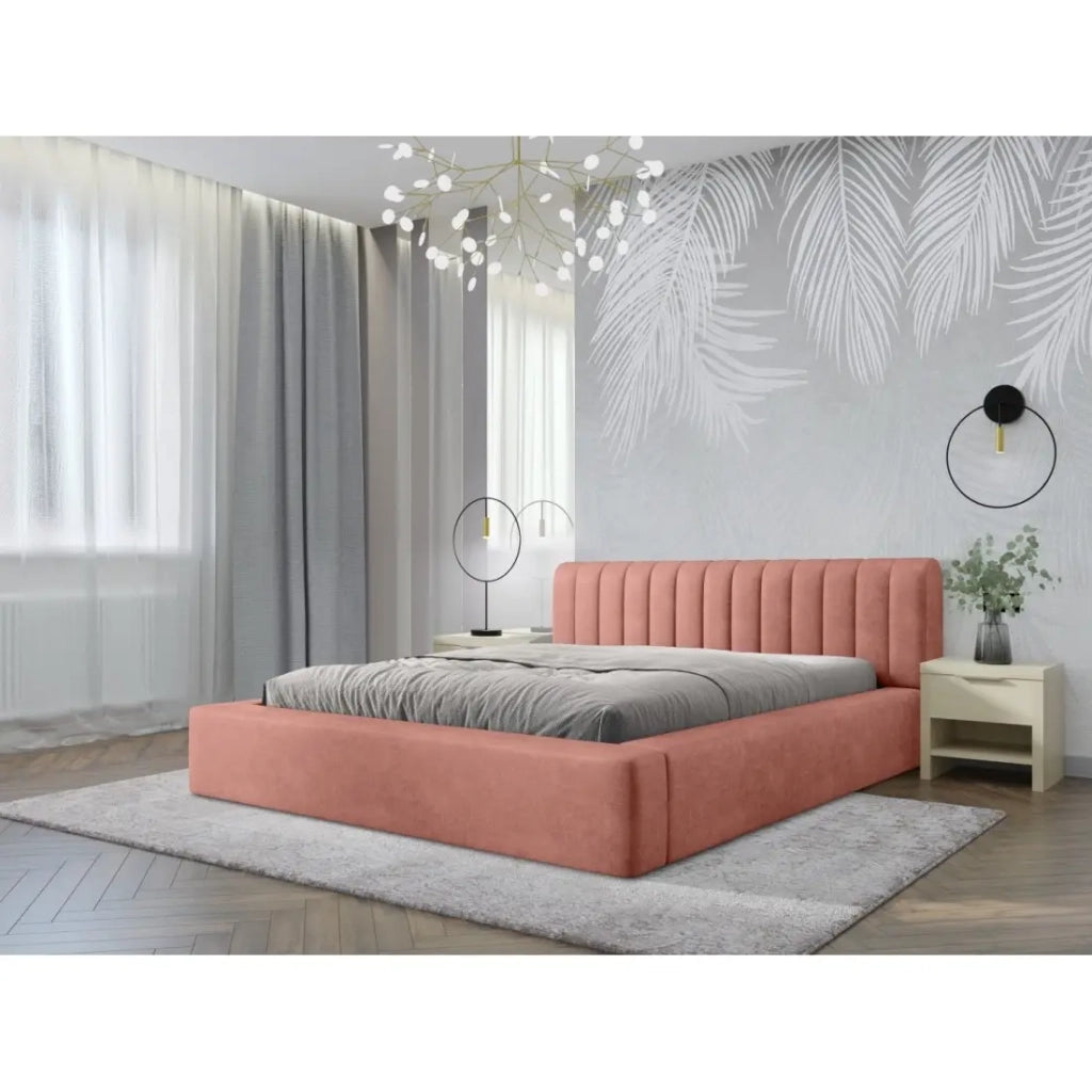 Letto contenitore CERVIN – Velluto morbido Ocra rosata – 160x200 cm – Rete sollevabile – Design elegante