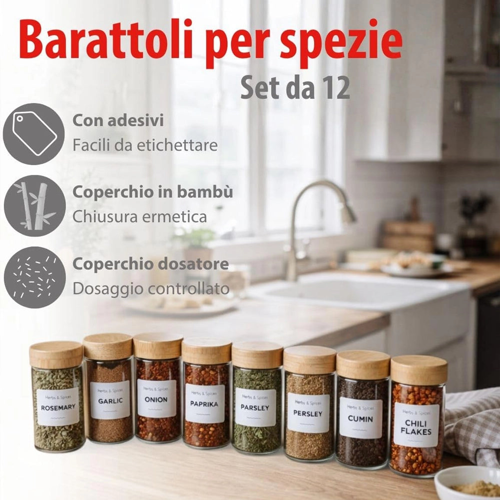 Set 12 Barattoli Portaspezie con Dosatore e Etichette Organizer da Cucina