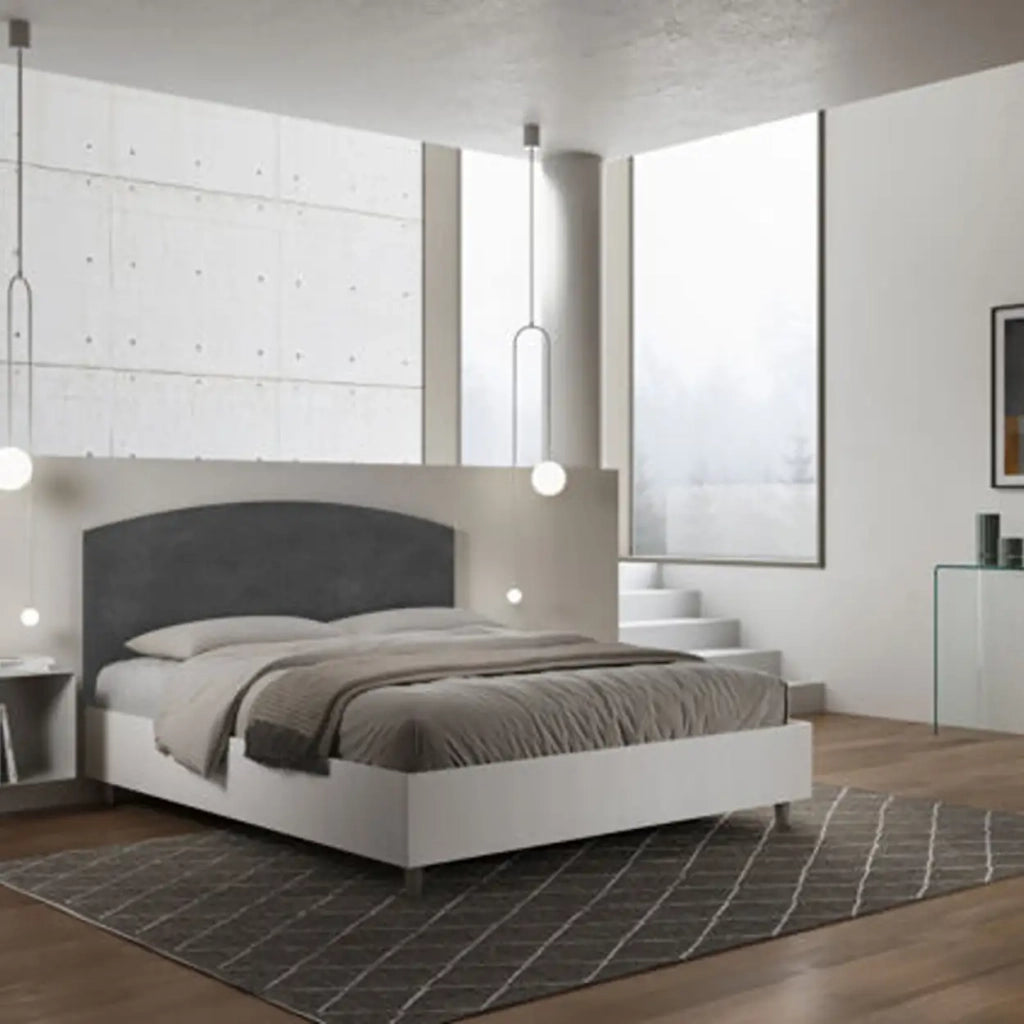 Letto matrimoniale contenitore 160x200 bianco frassino testata microfibra grigio Antilia