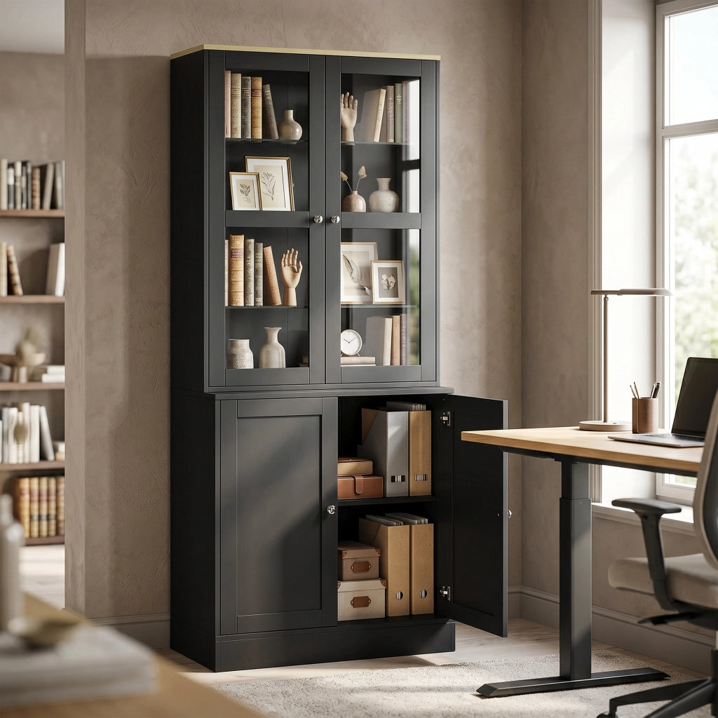 Libreria con ante in vetro ¨C Xylo ¨C 6 ripiani, 4 porte, nero