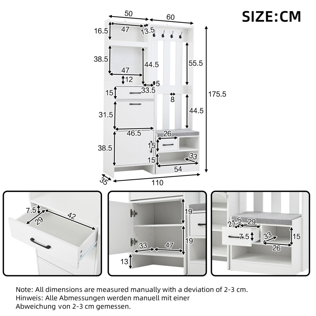 Garderoba da ingresso 7 in 1 110x35x175;5 cm con scarpiera; 2 cassetti e 4 ganci; bianco