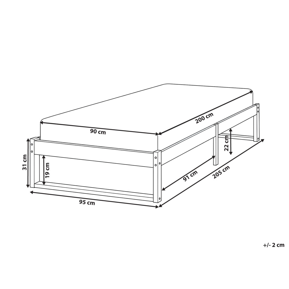 Letto singolo bianco in legno di pino 90 x 200 cm con 3 gambe, senza testiera, stile minimalista