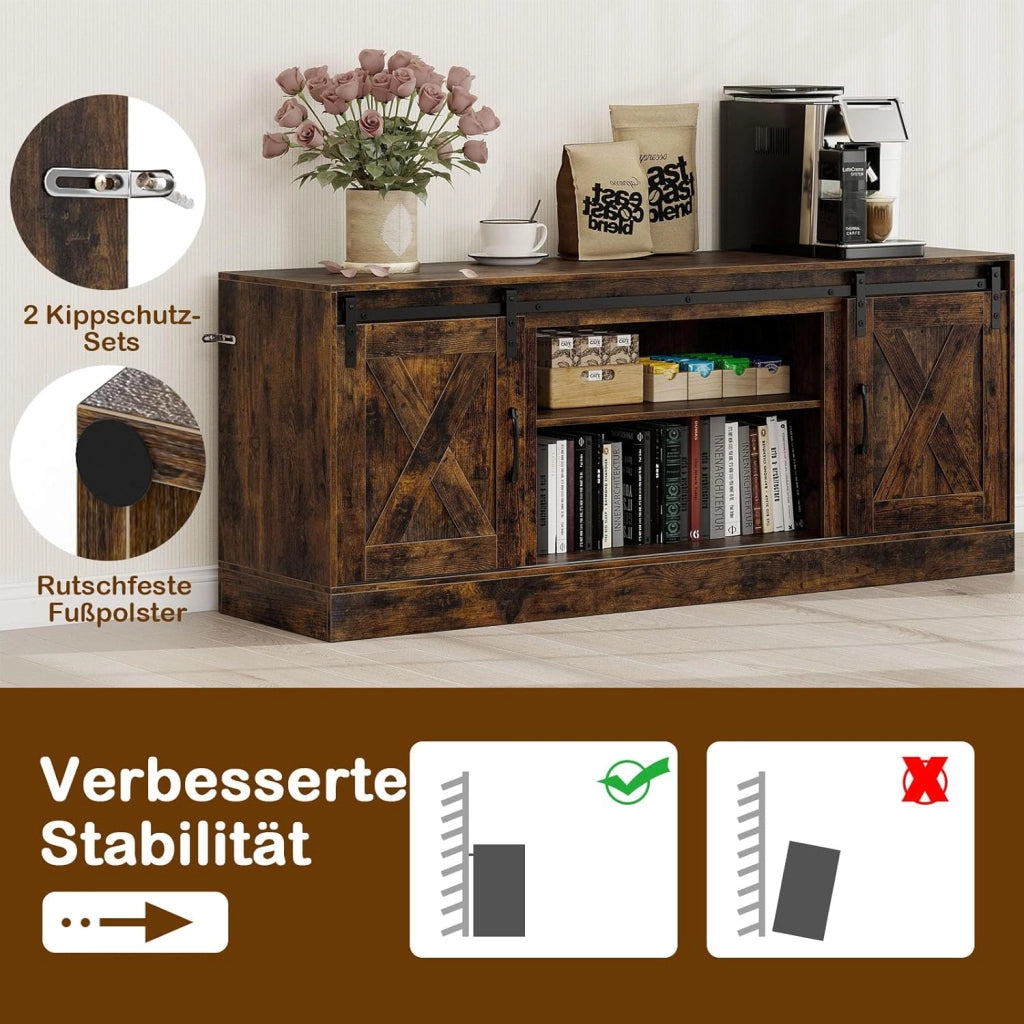 Mobile TV basso per TV fino a 70 pollici, mobile TV con ripiani regolabili, porta scorrevole, tavolo per TV con kit anti-ribaltamento, per camera da letto, soggiorno, 150 x 39 x 60 cm