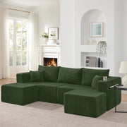 Divano angolare modulare 3 posti con 2 pouf mobili; portabicchieri e tasche laterali; verde