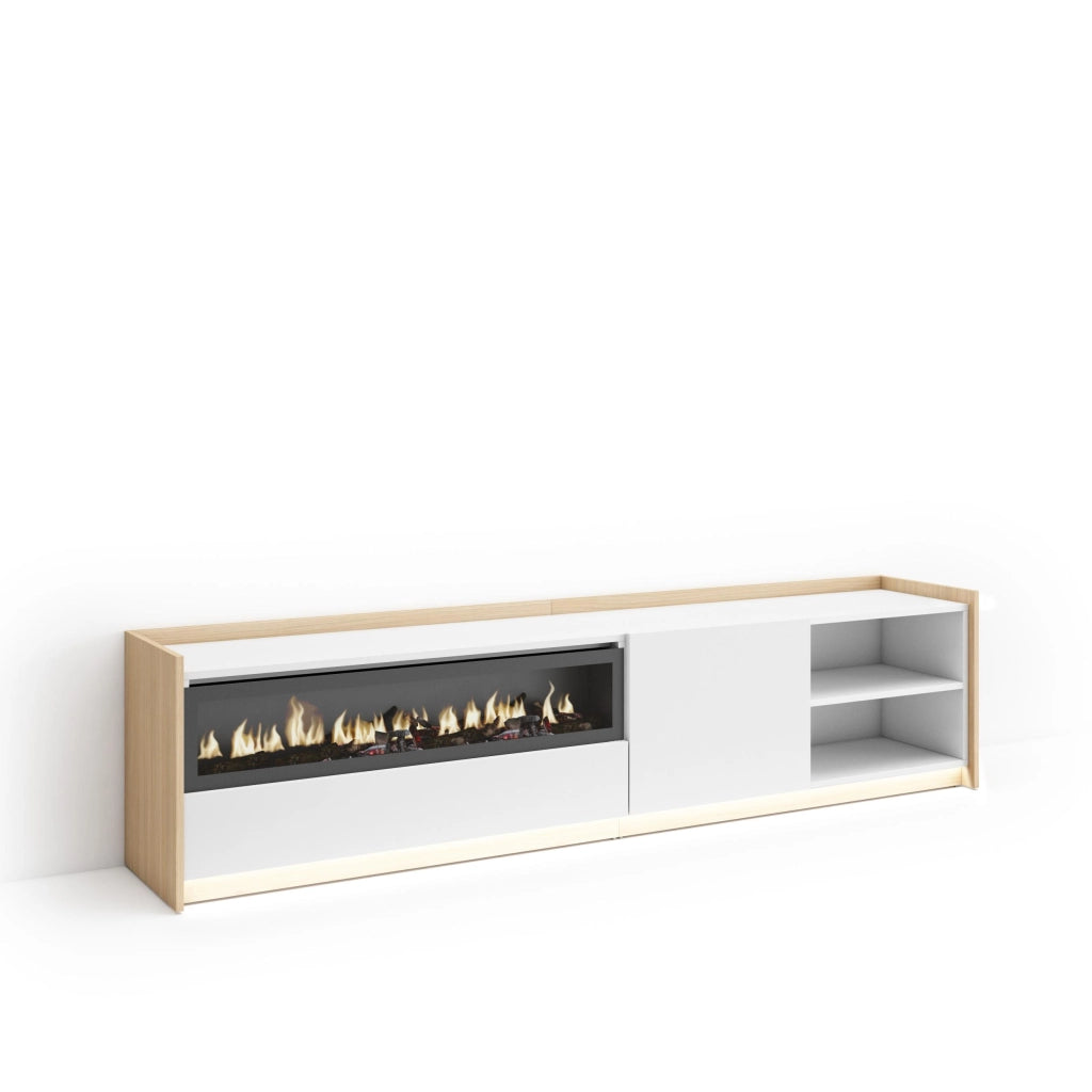 Mobile TV Soggiorno, 207x50x37 cm, Per TV fino a 80", Camino elettrico, LED, Bianco e Rovere soft