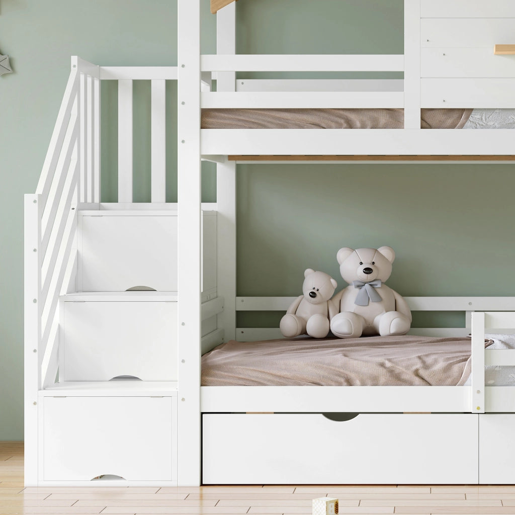 Letto a Castello 90x200 cm con Scala Contenitore; Finestra Apribile e Cassetti