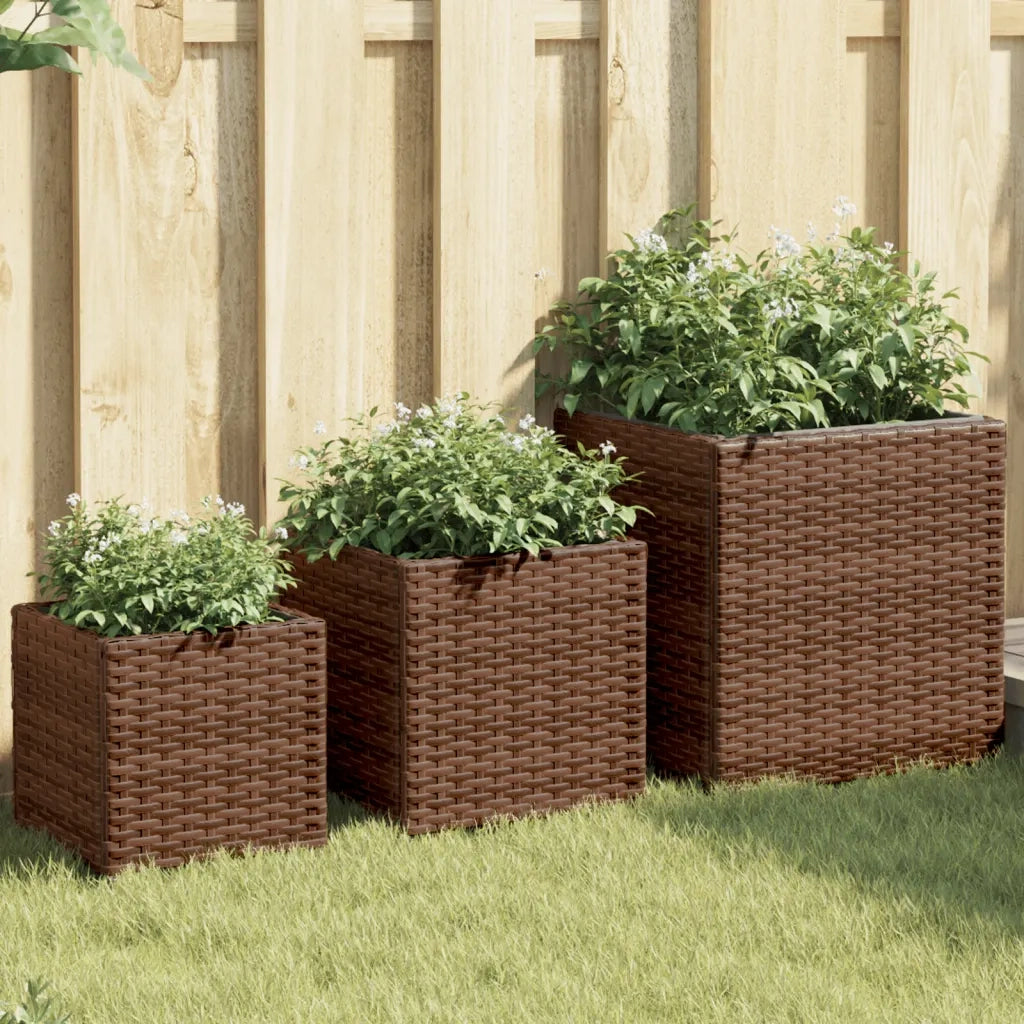 Fioriere | Cassetta per fiori | Vaso da Giardino 3 pz Marroni in Polyrattan