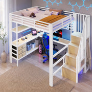 Letto a soppalco 140x200 cm bianco con scrivania, cassetti, presa e LED