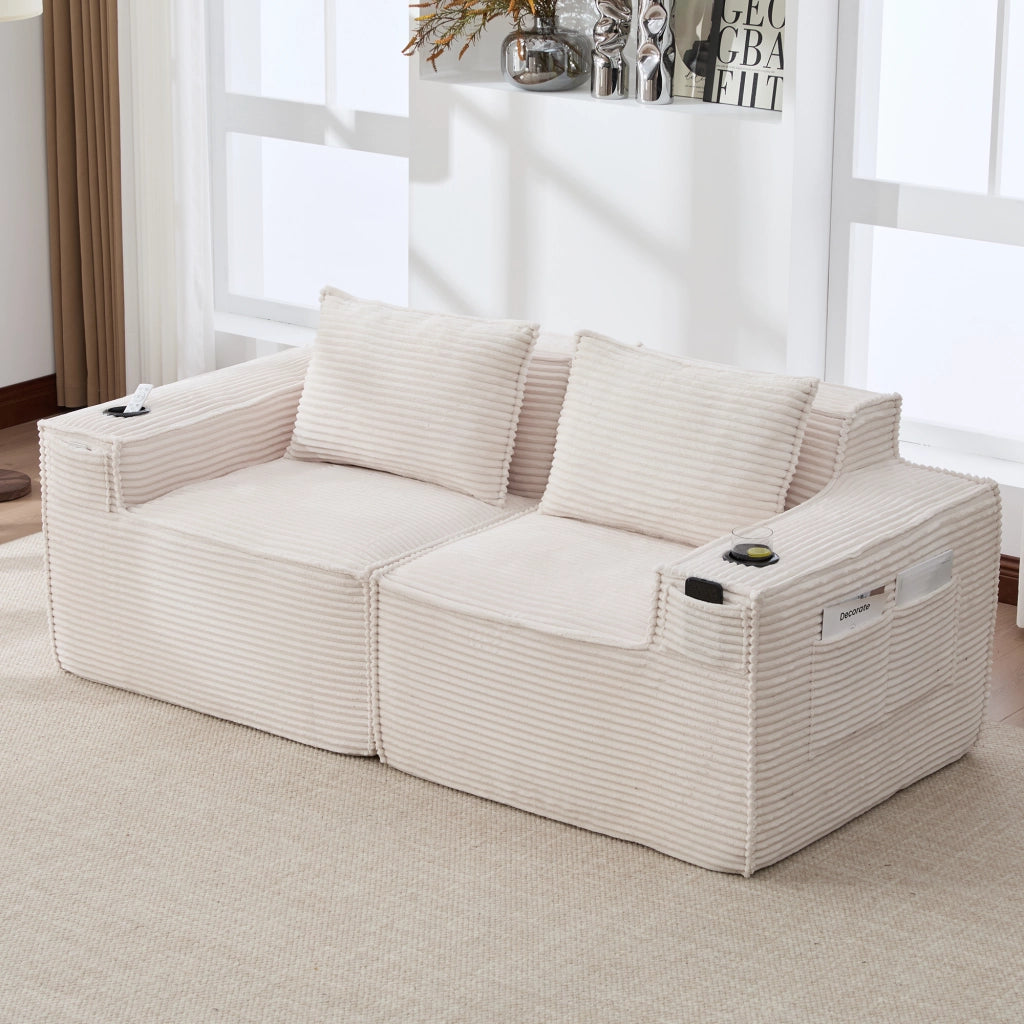 Divano modulare a 2 posti con porta bicchieri, tasche laterali e cuscini lombari in tessuto a coste beige 188 × 90 × 75 cm