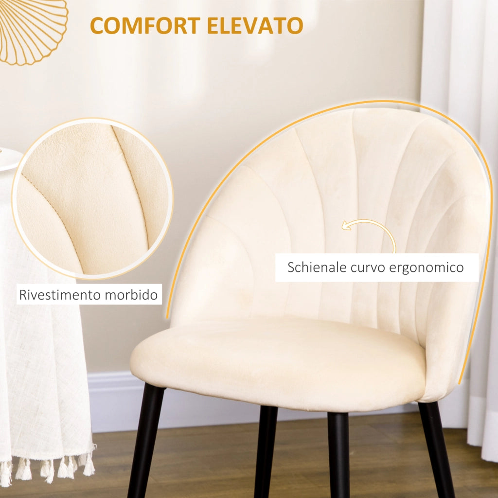 Sedia da Pranzo con Schienale a Conchiglia ¨C Zephmum ¨C Velluto Beige con Gambe in Metallo