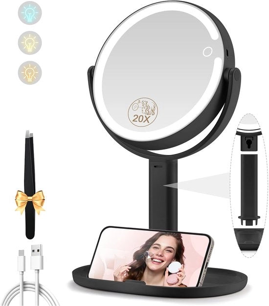 Vergrotende Spiegello con Illuminazione Cosmetica, 20x con Luce, Regolabile in Altezza, Spiegello a Due Facce con Illuminazione, 3 Colori per Tafelmake-up, Nero