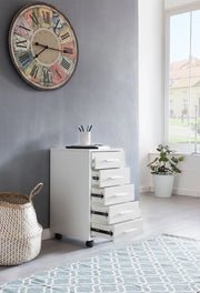 Contenitore a Ruote - Cassetto in Legno per Scrivania - Cassetto per Ufficio con 5 Cestelli - Piccolo Contenitore a Ruote con Base - Bianco - 33 x 63 x 38 cm