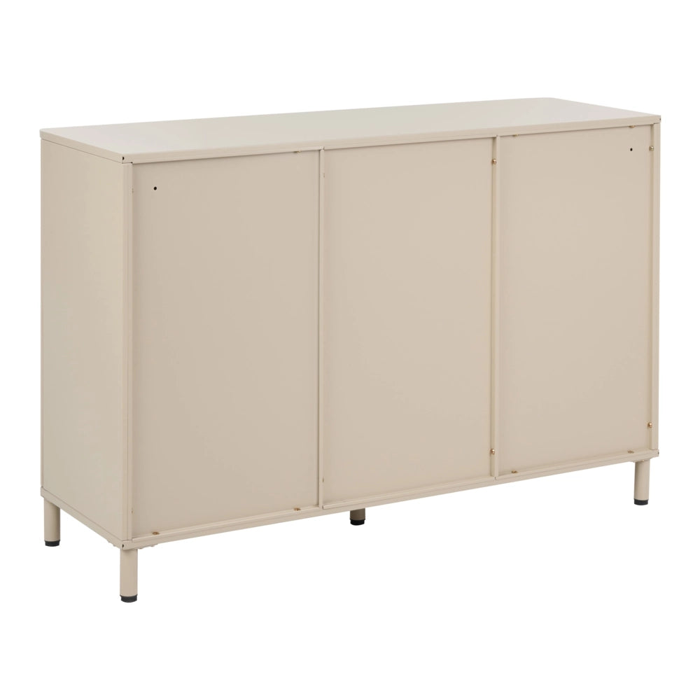 Credenza in acciaio color beige con cassetti, angoli arrotondati e maniglie dorate