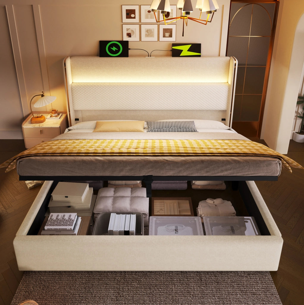 Letto matrimoniale 140x200 beige con LED, ricarica e materasso