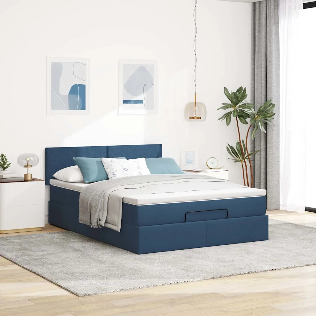 Struttura Letto Pouf con Materasso Blu 140x200cm in Tessuto 3312235