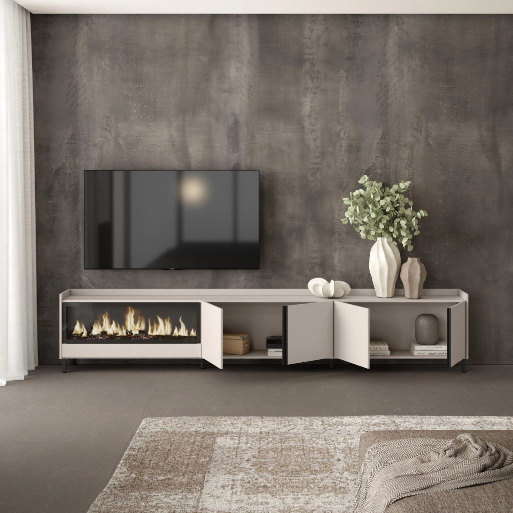 Mobile TV Soggiorno, 315x61x35 cm, Per TV fino a 80", Camino elettrico XXL, Design industriale, Beige