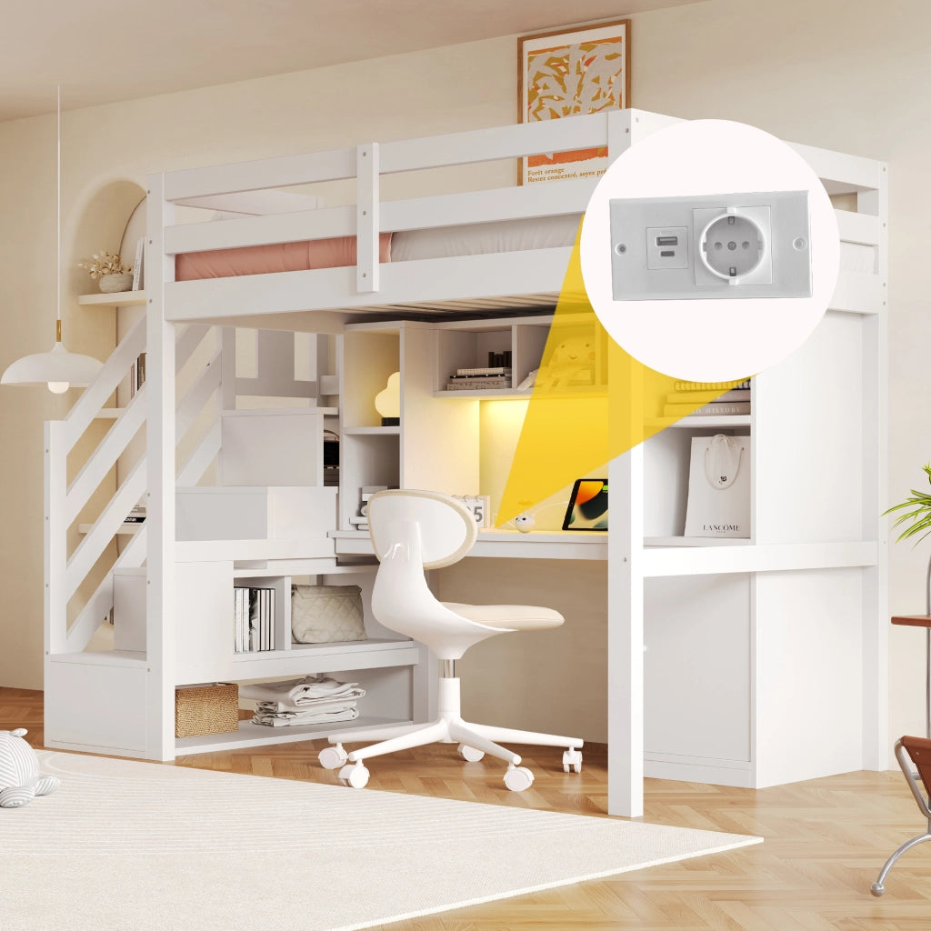 Letto a soppalco 90 × 200 cm con scrivania, scale contenitore, ripiani, LED e prese europee, senza materasso, bianco