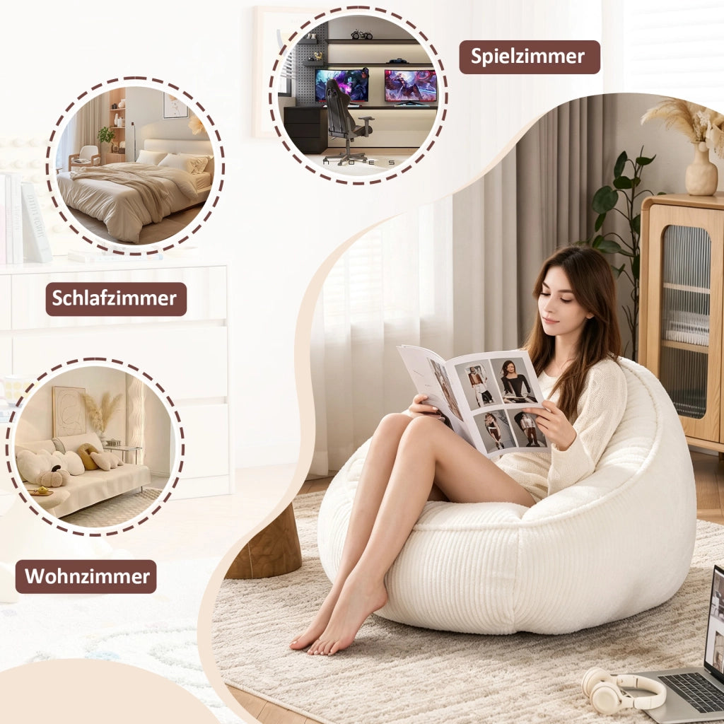Pouf ergonomico con schienale e imbottitura in schiuma memory rivestimento in velluto a coste beige per relax