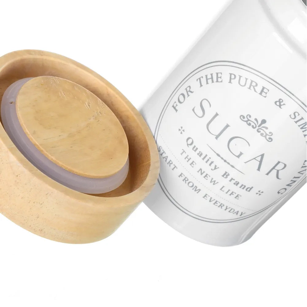 Zuccheriera Bianca con Coperchio in Legno Ermetico Barattolo Portaspezie da Casa