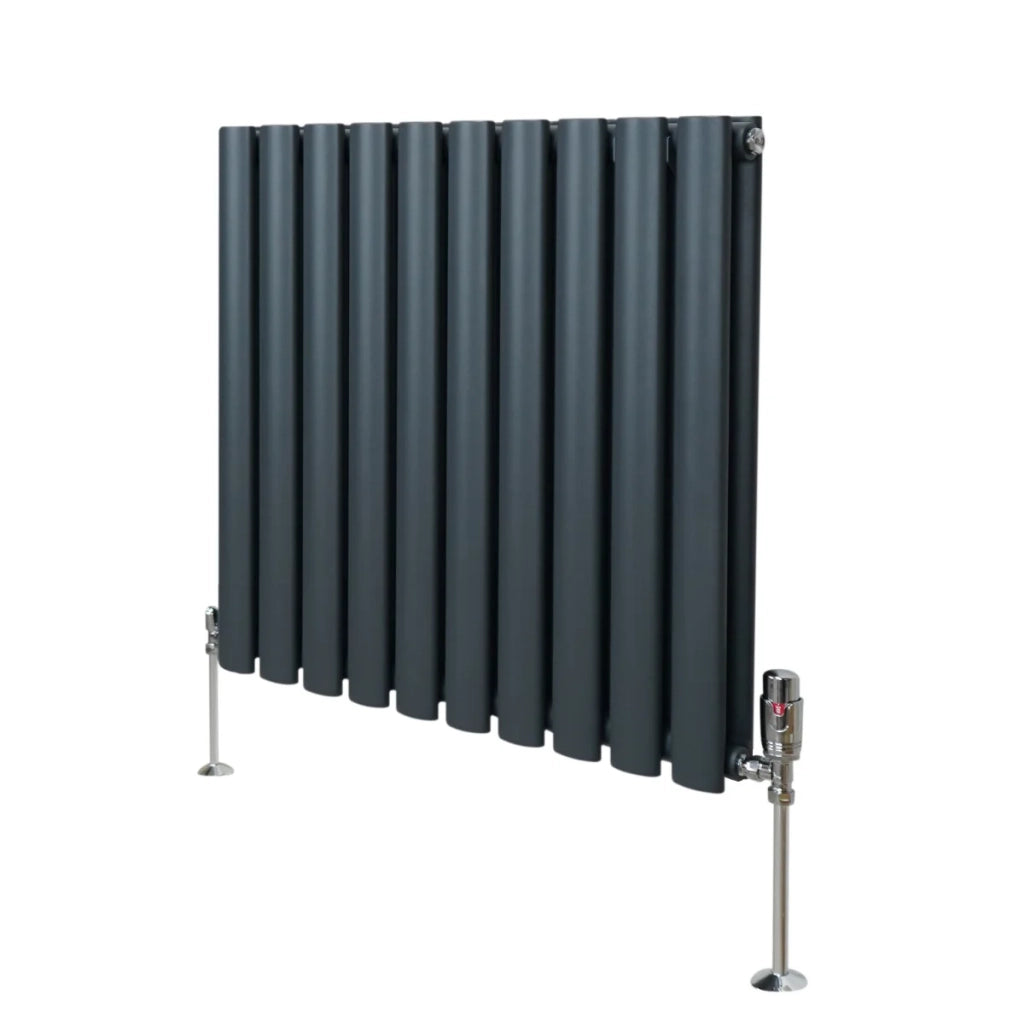 Radiatore a colonna ovale e valvole cromate TRV Designer grigio antracite 600 mm x 600 mm