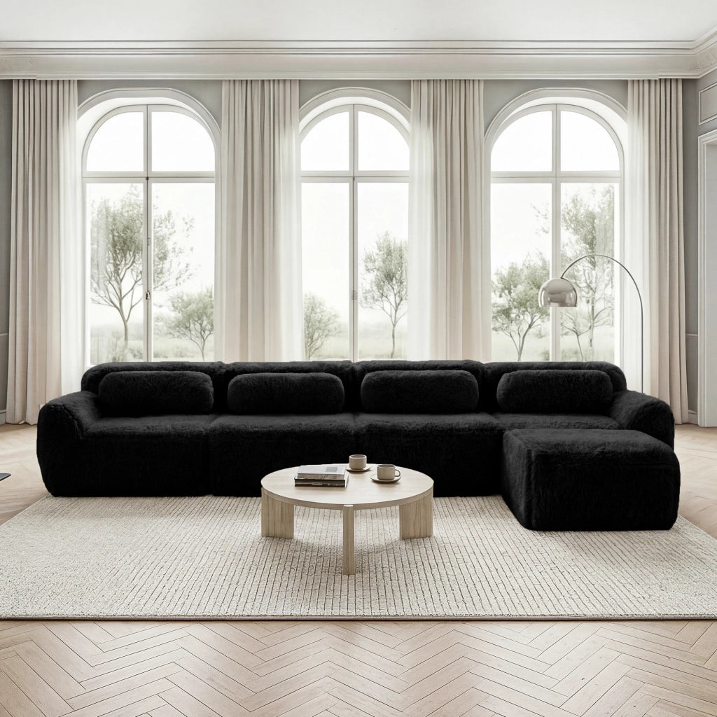 Divano angolare modulare 4 Posti con chaise longue, Design senza struttura, Cuscini, in Peluche Nero