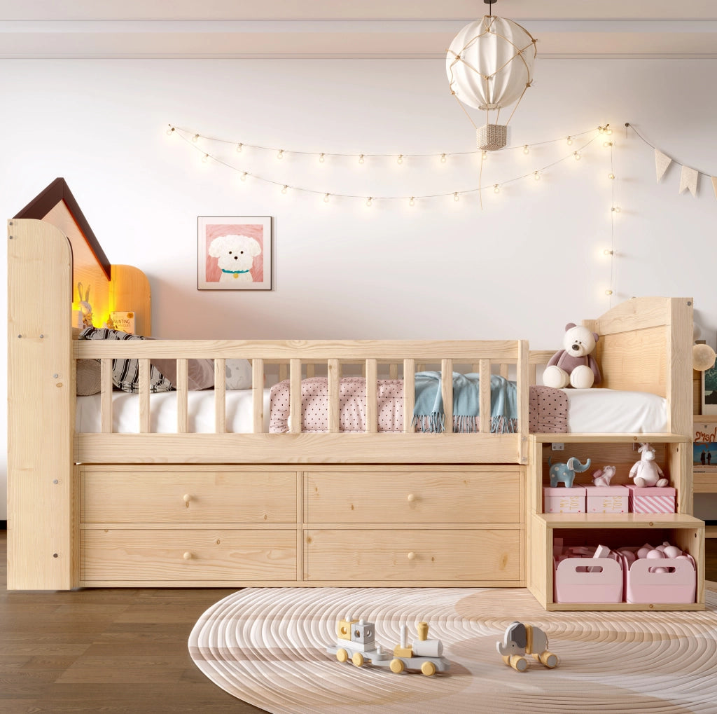 Letto semialto 90x200 cm con LED; scala e contenitori in pino naturale