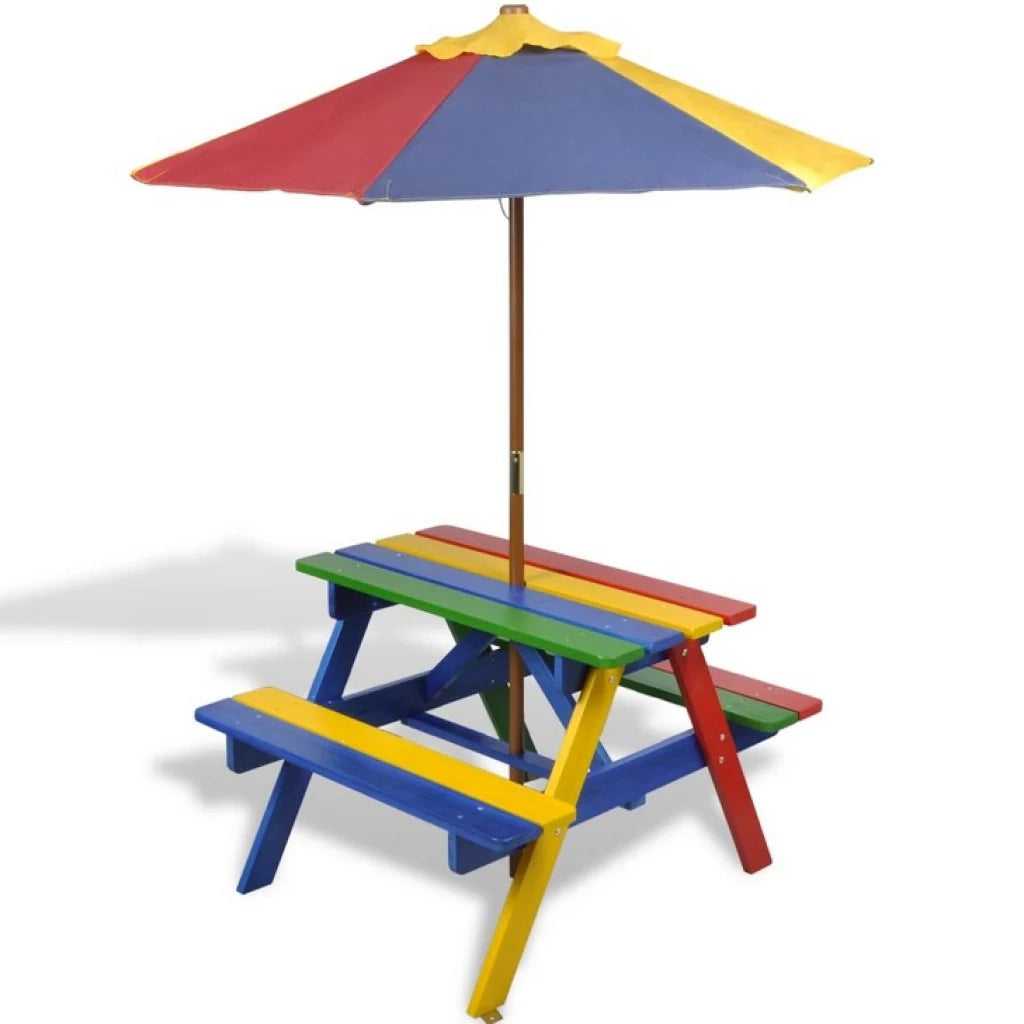 Tavolo e panche in legno con ombrellone per bambini 0102011