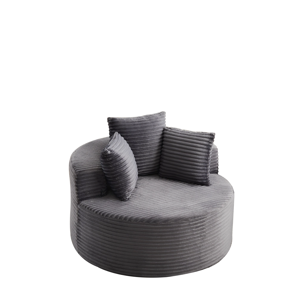 Poltrona lounge rotonda con 3 cuscini e braccioli larghi; design minimalista in velluto a coste grigio