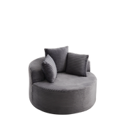 Poltrona lounge rotonda con 3 cuscini e braccioli larghi; design minimalista in velluto a coste grigio