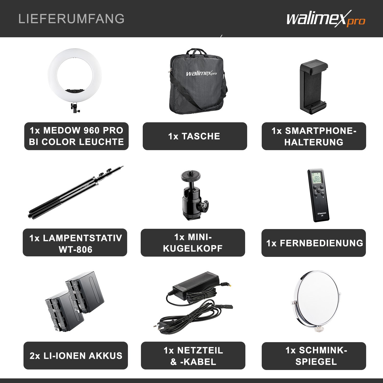 Medow 960 Pro Set di luci anulari a LED con treppiede e batterie NP-F, luce anulare bicolore, luce video dimmerabile con telecomando 96 W, treppiede per lampada con ammortizzazione a molla