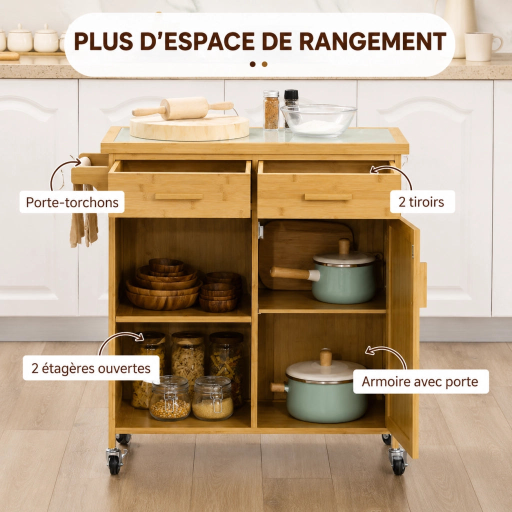 Carrello cucina 84x36x85 cm con piano in vetro; 2 cassetti; bambù naturale