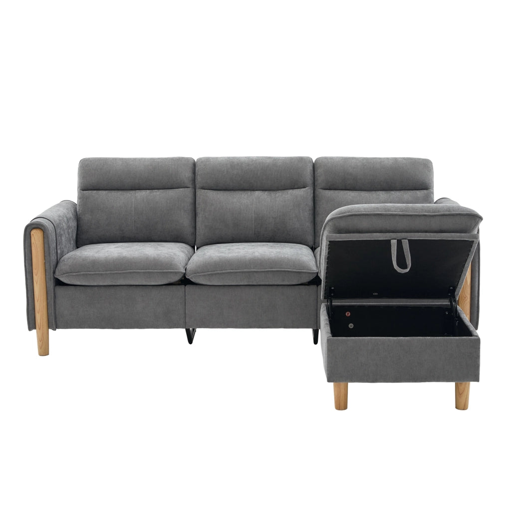 Divano angolare 3 posti 201x77x86 cm con contenitore e tasche laterali in ciniglia grigio chiaro