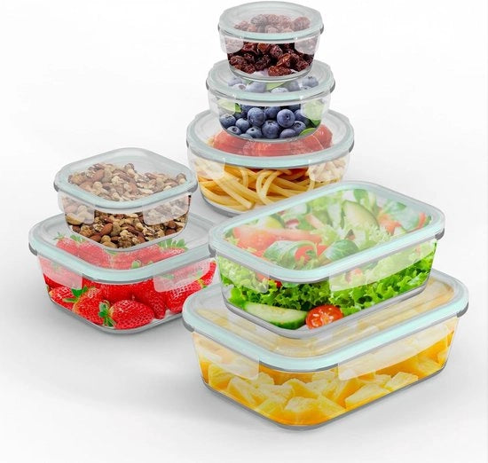 Contenitori in vetro con coperchio, 14 pezzi (7 contenitori + 7 coperchi), contenitori per conservazione alimentare, set di contenitori di magazzino, trasparenti di prima classe, liberi da BPA