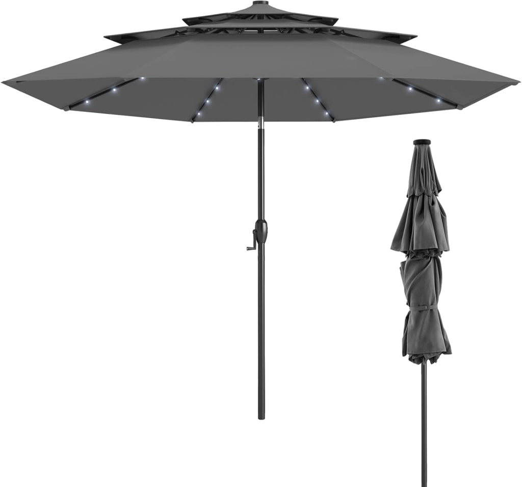 Ombrellone da Giardino con 32 Luci LED, Pannelli Solari e Manovella, Ombrellone Parasole da Patio 313cm Inclinabile con 8 Osse, per Balcone, Spiaggia, Piscina, Base Non Inclusa